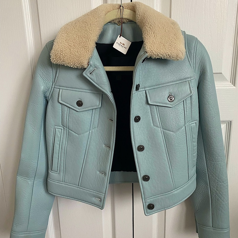 Coach Leather Jacket in Light Blue, XS